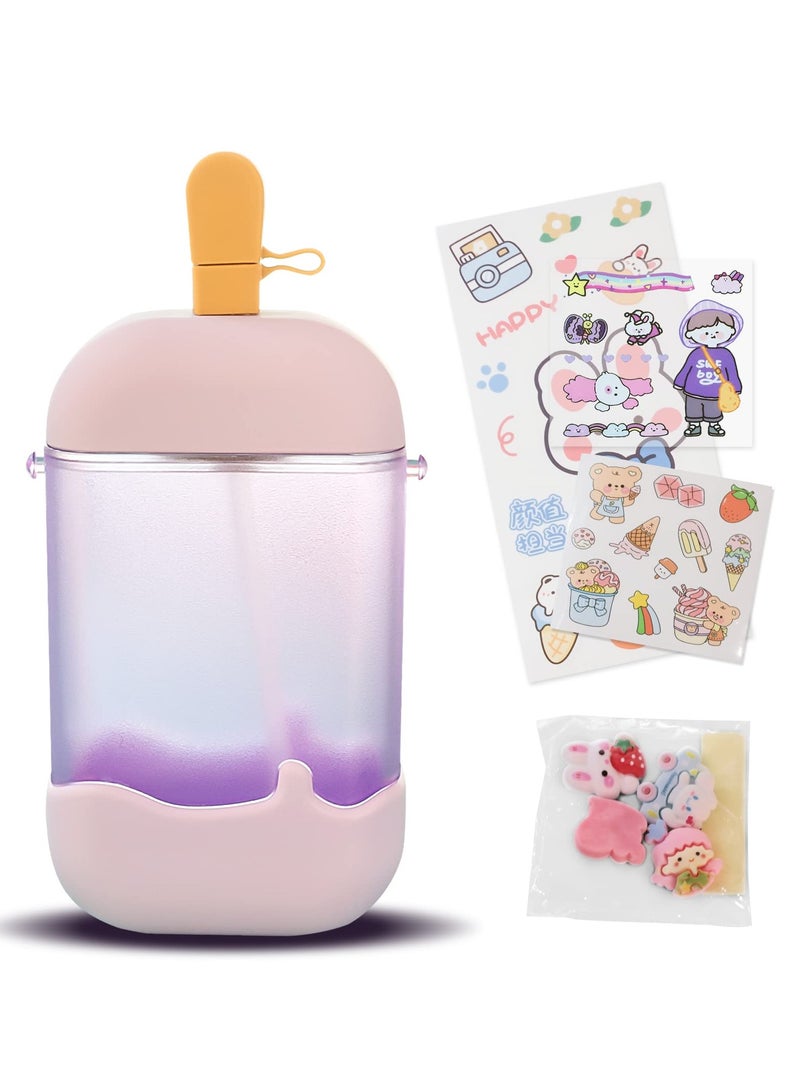 Ice Cream Popsicle Cups, Juice Drinking Cups Lovely 3D Sticker Ice Cream Bar Water Bottles with BPA-Free Straws Adjustable Shoulder Strap for Boys Girls Adult Sports Bottles - Image 2